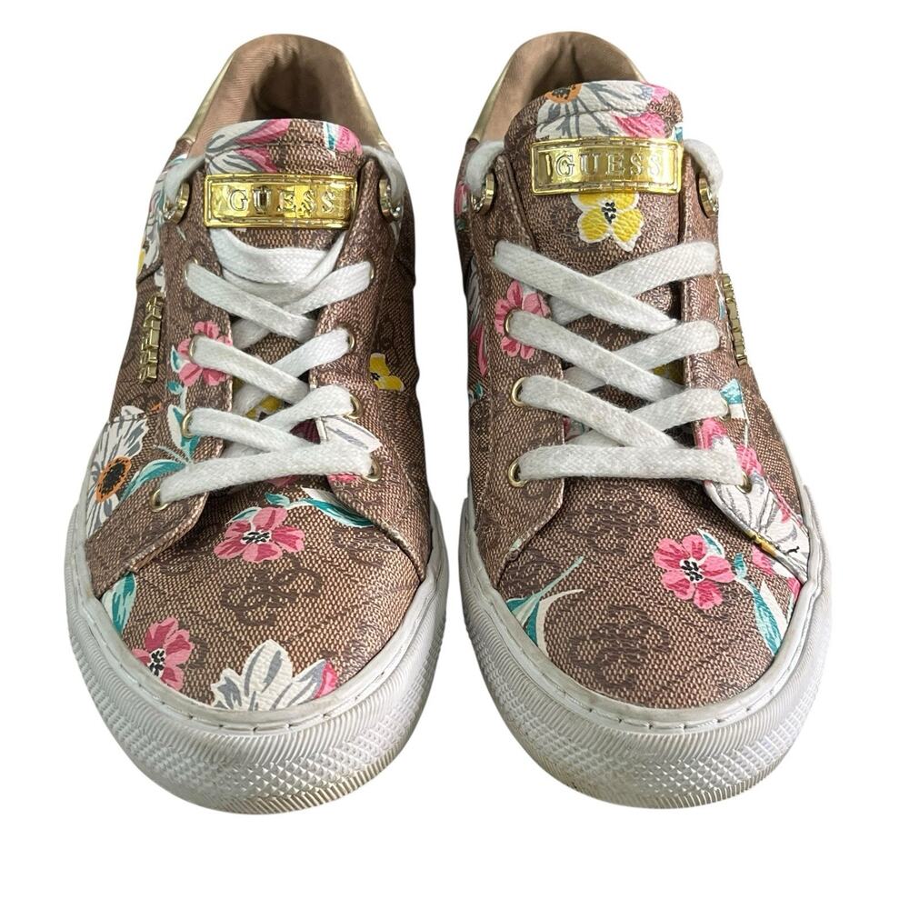Guess Loven Sneakers Women's Size 9.5 M Casual Lace-up Logo Brown Pink Floral - Picture 1 of 15